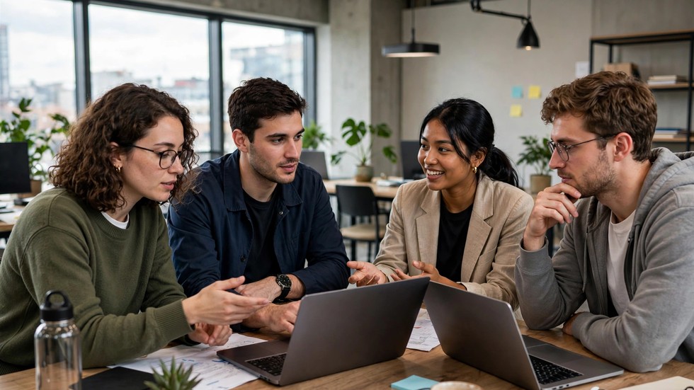 Ελληνικές startups: Νέοι επαγγελματίες συνεργάζονται σε σύγχρονο γραφείο startup με φορητούς υπολογιστές