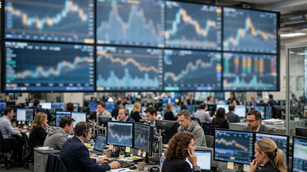 Χρηματιστήριο Αθηνών: Οθόνη με χρηματιστηριακούς δείκτες και γραφήματα σε αίθουσα συναλλαγών