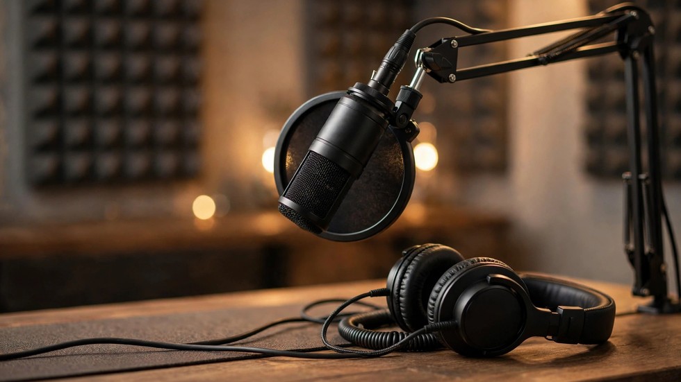 Podcasts στην Ελλάδα: μικρόφωνο στούντιο σε τραπέζι ηχογράφησης podcast με ακουστικά