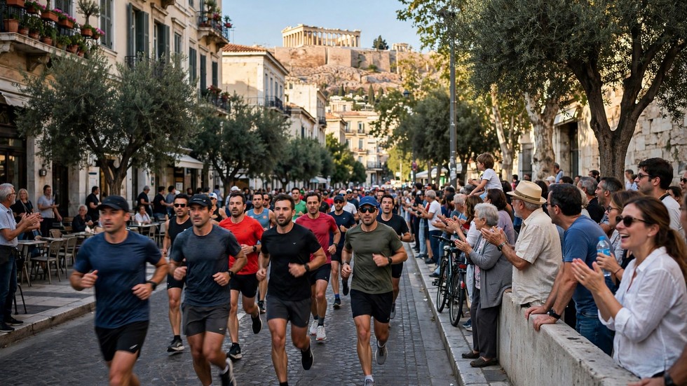 Δρομείς μαραθωνίου (Μαραθώνιος Αθήνας) τρέχουν σε δρόμο της Αθήνας με θεατές